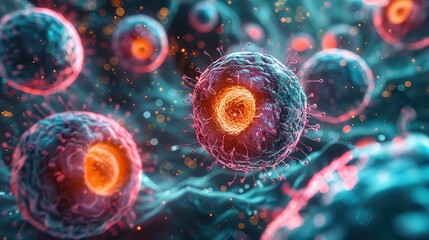 This captivating image showcases cellular structures in a scenic representation, emphasizing both the complexity and beauty of microscopic natural elements in bright colors.