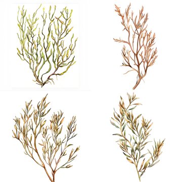 Set Of Watercolor Wireweed Sargassum Muticum Illustration On White Background