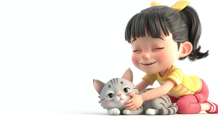 Obraz premium A 3D cartoon girl is happily petting a small, striped cat.