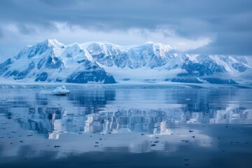 Reflective Serenity: Snow-capped Mountains Mirror in Calm Arctic Waters