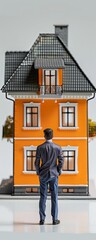 Obraz premium Image of a person standing in front of a miniature orange house, contemplating home buying or real estate investment.