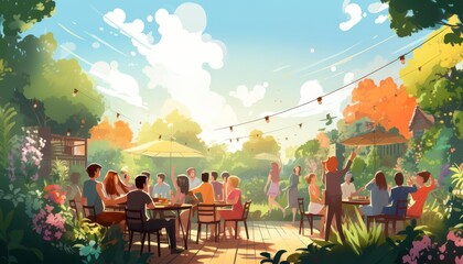 Heartfelt laughter flat design front view summer gathering theme animation Analogous Color Scheme