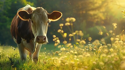 A cheerful cow grazing in a sunlit meadow, with a peaceful expression
