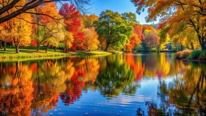 Fototapeta premium A peaceful autumn day in the park with colorful leaves reflecting on the water , autumn, reflections, park, peaceful, tranquil