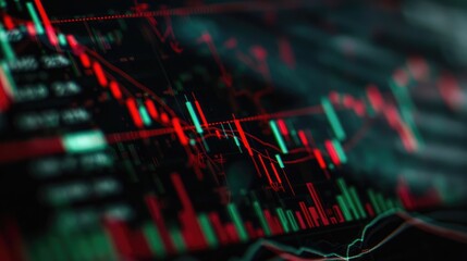 close-up of a stock market graph on a computer screen, with red and green candlesticks indicating market fluctuations
