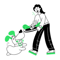 Easy to edit linear mini illustration of giving pet treat 

