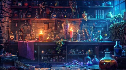 Witch's Kitchen Poster with Potion Bottles and Ingredients