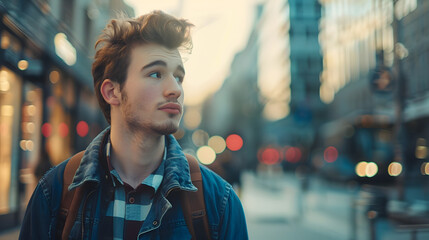 Fototapeta premium That urban feeling Cropped shot of a handsome young man traveling through the city : Generative AI