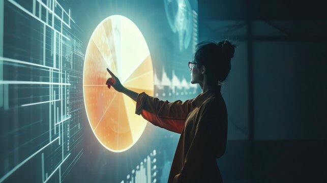 detailed pie chart being projected in a dark room, with a person pointing at key segments, symbolizing data analysis