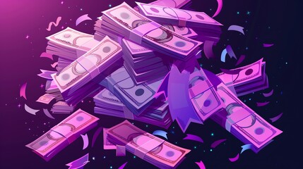 A cartoon illustration of stacks of money on a purple background.