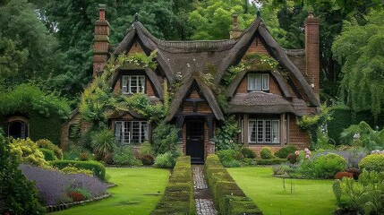 Fototapeta premium Charming Cottage Surrounded By Lush Greenery