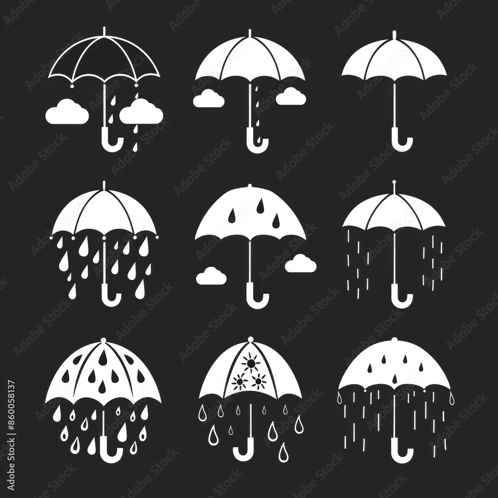 Poster a collection of umbrellas seen in rainy weather, suitable for use as a background or props