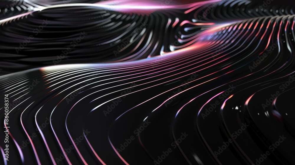 Wall mural art of solid black background and iridescent ripples spreading across its surface forming concentric patterns.