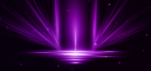 Abstract glowing purple diagonal lighting lines on dark  background with lighting effect and sparkle with copy space for text.