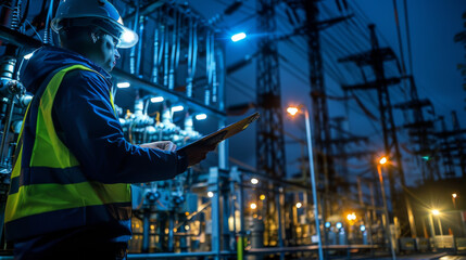 Industrial engineer working at a power plant at night, using a digital tablet for monitoring and maintenance tasks.