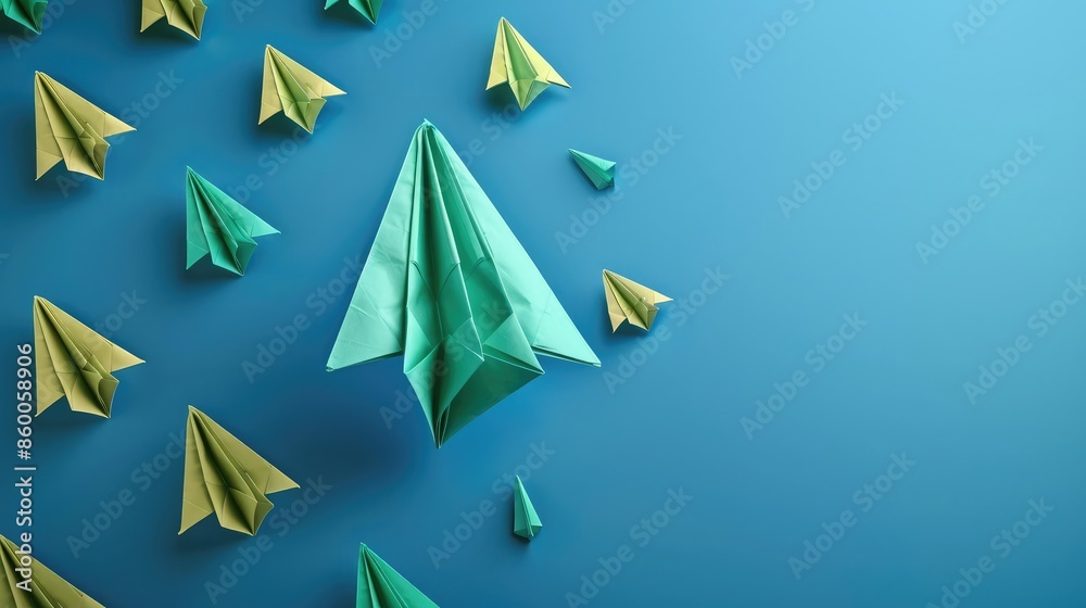 Wall mural a green paper plane soaring upwards with confidence, contrasted by a group of paper planes failing a