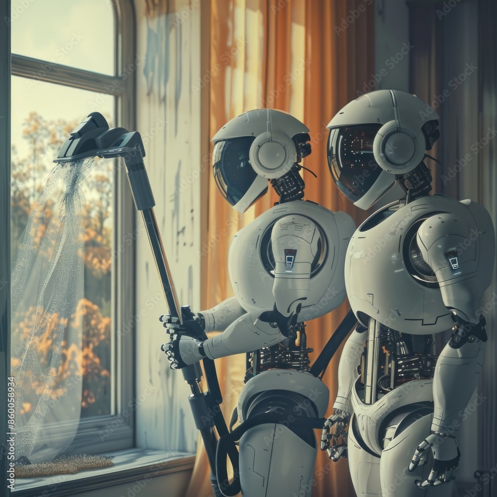 Wall mural a group of robots standing next to a window with a view - Wall murals