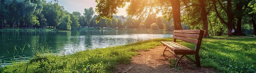 Fototapeta premium Peaceful park setting with a bench by the lake, lush green trees, and sunlight filtering through, perfect for relaxation and nature appreciation.