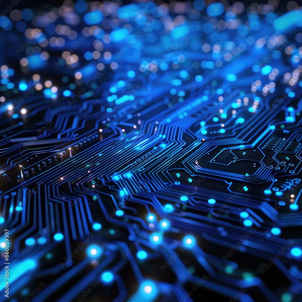 Aufkleber A detailed view of a circuit board with blue LED lights, suitable for use in technology and electronics-related contexts
