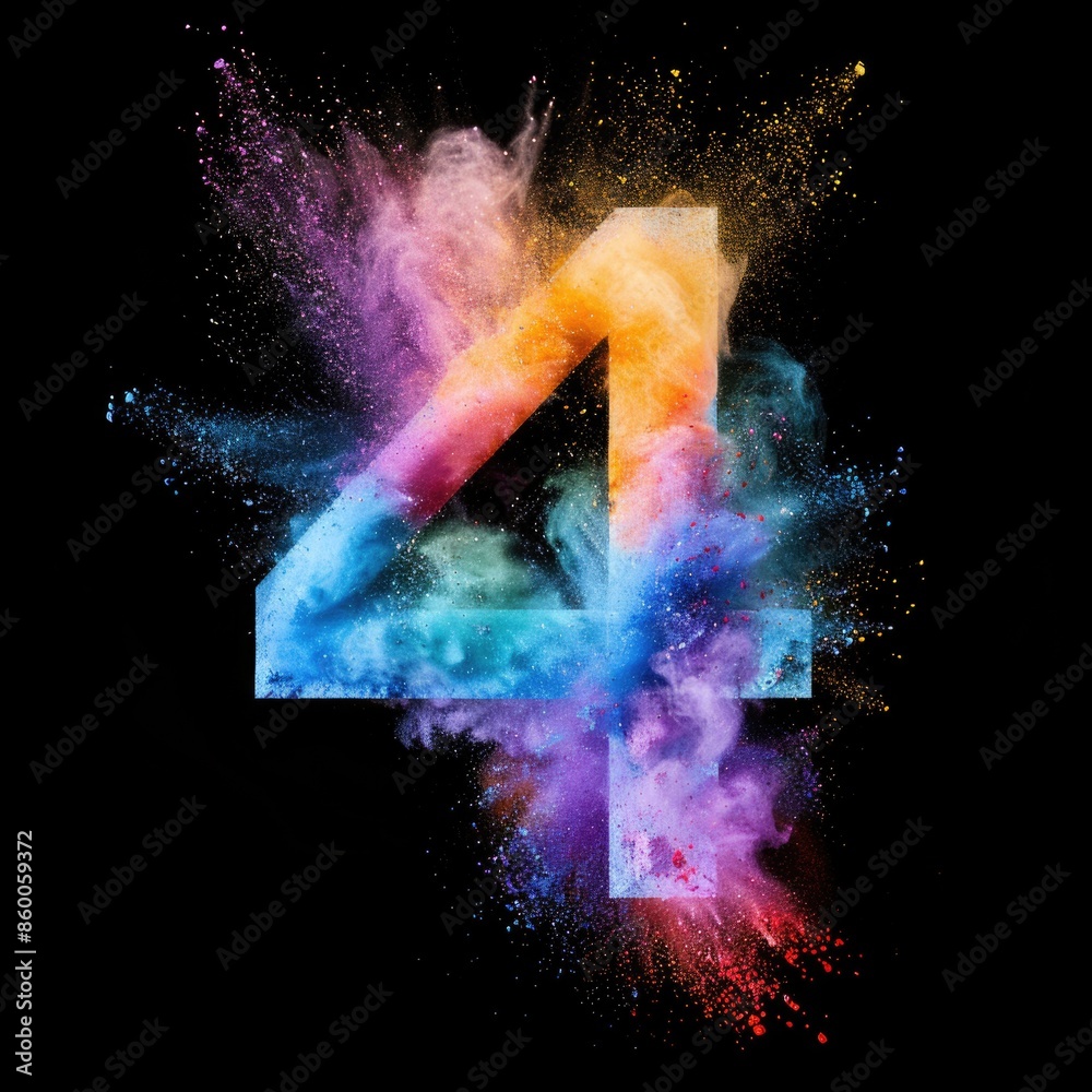 Poster a colorful powdered number 4 on a black background, suitable for use in illustrations, designs or gr