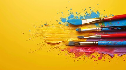 Obraz premium email signature template for graphic designer, color splashes on bottom right corner, graphic designing elements brushes ,color pallets in yellow background