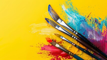Obraz premium email signature template for graphic designer, color splashes on bottom right corner, graphic designing elements brushes ,color pallets in yellow background