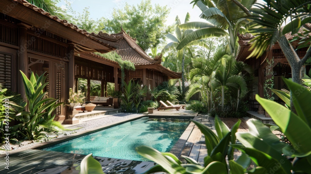 Wall mural Tropical Villa with Traditional Balinese Architecture  - Wall murals