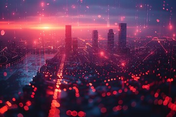 Fototapeta premium Futuristic cityscape at sunset with glowing network connections, showcasing advanced technology and modern urban life.