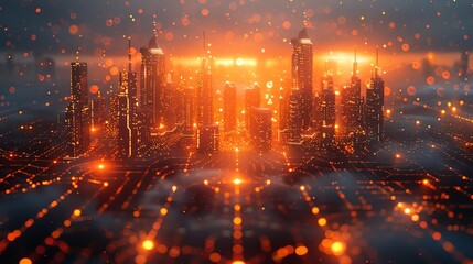 Futuristic glowing cityscape with bright orange lights, representing technology, innovation, and advanced urban infrastructure.