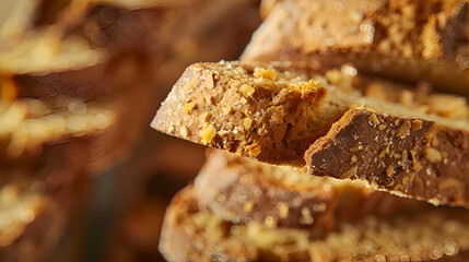 A close-up shot of biscotti being served, highlighting the crunchy texture and rich flavors