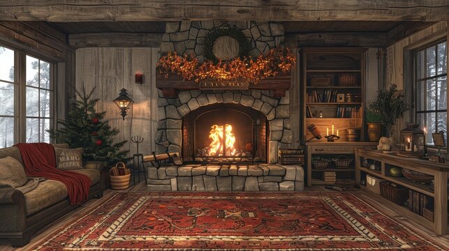 A warm and inviting rustic living room featuring a stone fireplace, cozy seating, festive decor, and large windows framing a snowy outdoor scene.