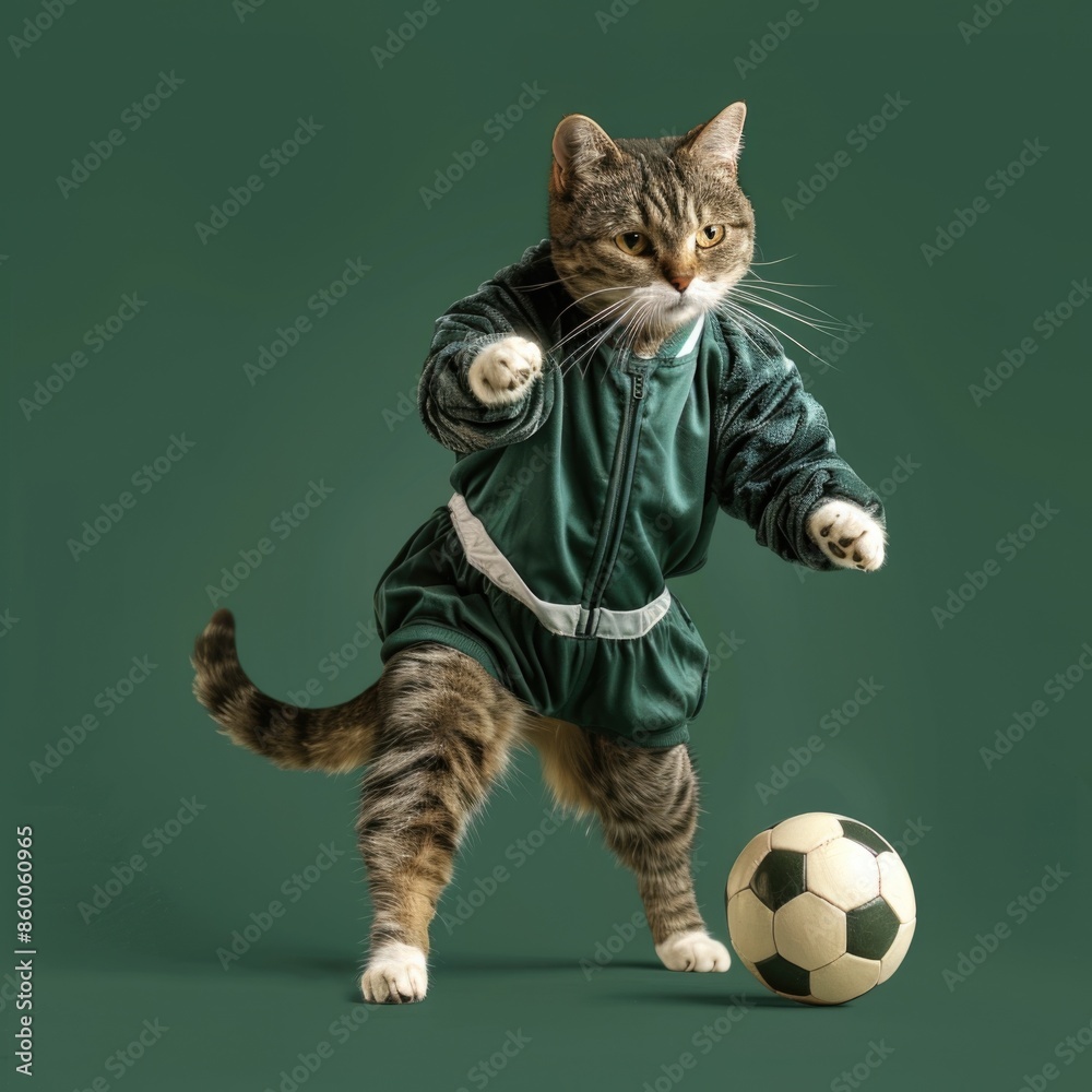 Wall mural A curious cat kicks a soccer ball on a bright green background, suitable for sports or playful themed illustrations