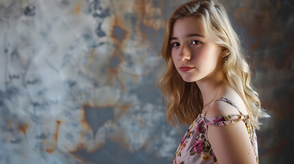 Fototapeta premium beautiful young blonde woman in nice spring dress posing in studio Fashion photo : Generative AI