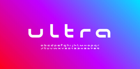 Technical wide future font, digital cyber alphabet