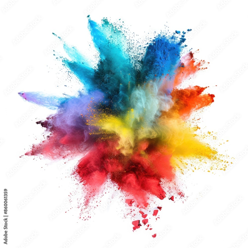 Poster a vibrant and colorful explosion of powdered paint against a clean white background, ideal for use i