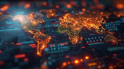 Close-up of a detailed world map overlaid with stock indices and currency exchange rates, vibrant colors, modern and professional design, high-resolution imagery, natural lighting, hd quality, natural