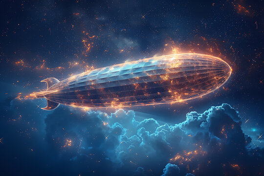 A silhouette logo of a large dirigible floating gracefully in the sky, in wireframe style on a dark blue background