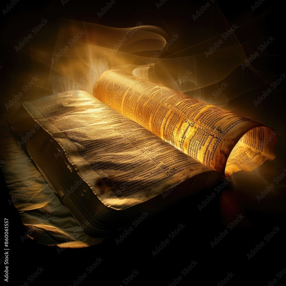 Poster An open book with a flame emerging from the pages, suitable for use in educational or inspirational contexts