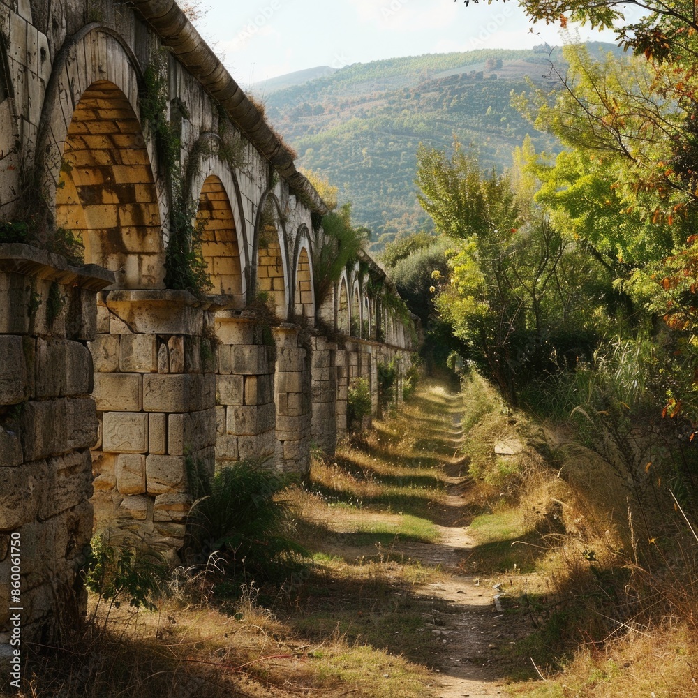 Sticker An old stone bridge with arched arches, suitable for use in architectural or historical context