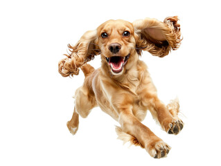 Full body shot of English Cocker Spaniel dog, running happily, smiling.