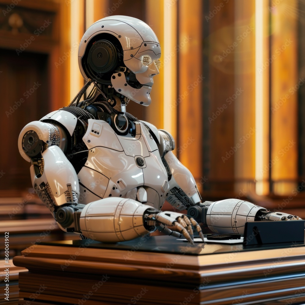 Poster A robot sitting on top of a wooden table with a calm and peaceful expression