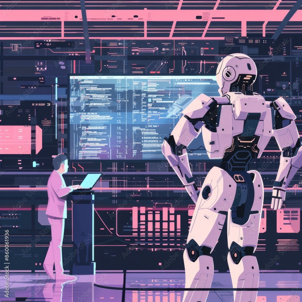 Poster a man stands next to a robot in a modern room, providing an opportunity for use in technology or inn
