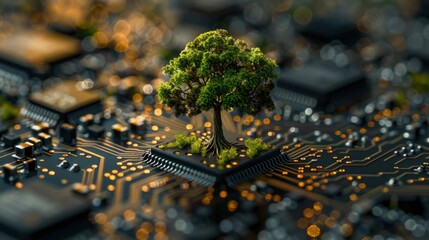 A lush tree growing from a microchip on a circuit board filled with tech components, symbolizing the synergy between natural and technological elements for a sustainable future.