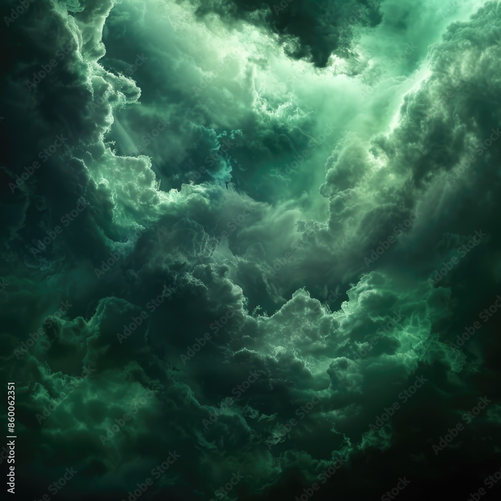 Poster a plane flies through a cloudy green sky with some clouds and sun rays visible