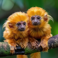 Fototapeta premium Two primates perched on a tree limb, looking out into the distance