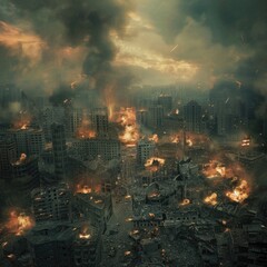 Aerial view of a city destroyed by fire with smoke and debris