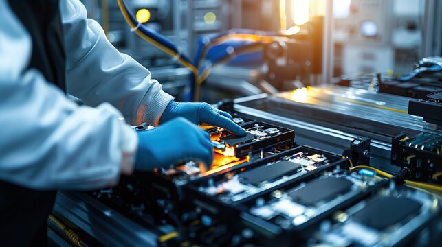 Engineers assemble lithium ion electrical modules in a modern factory. Concept of technology and industrial progress