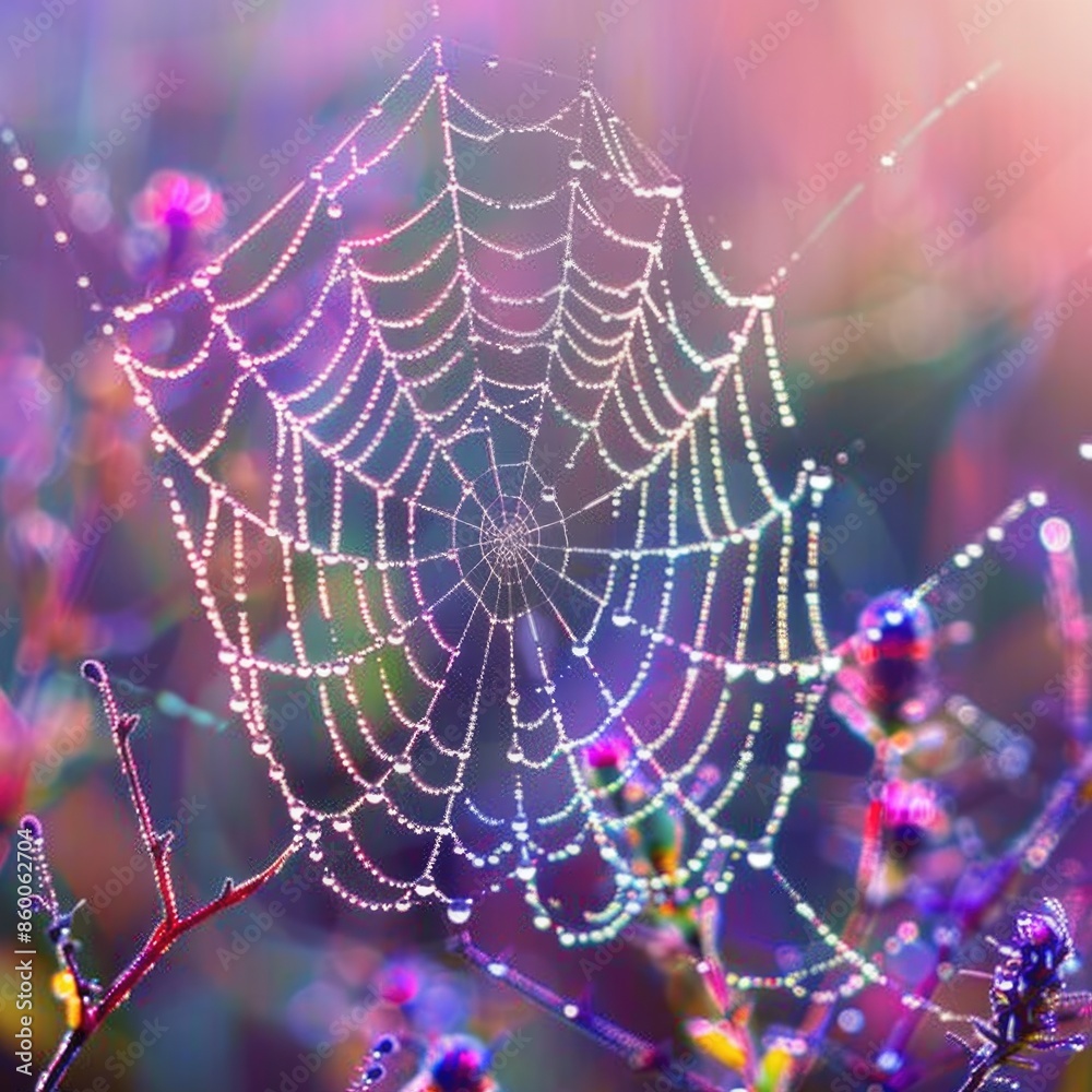 Poster A natural scene of a spider web covered in water droplets, suitable for use as a background or to illustrate a story about nature and the elements