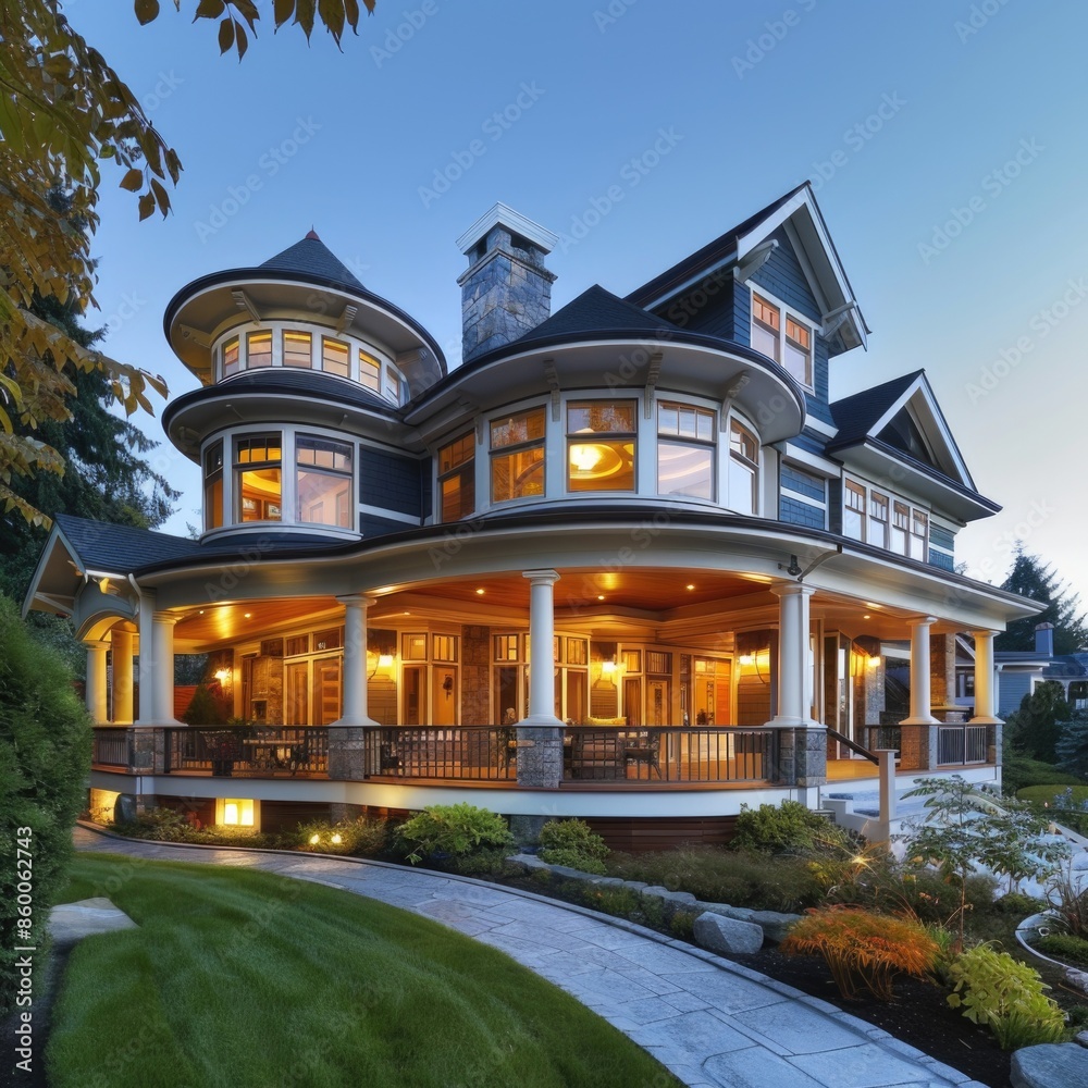 Poster A large house with multiple windows, suitable for use in architecture or real estate images