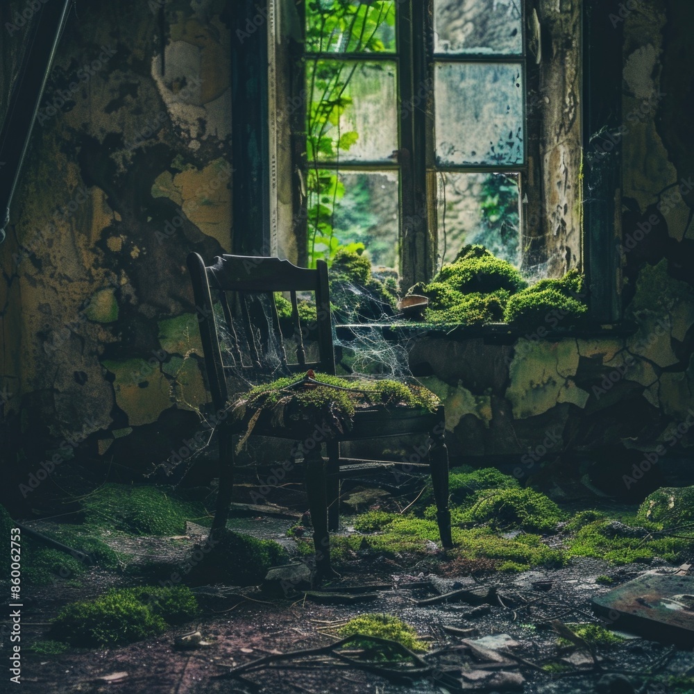 Poster a chair sits in front of a window covered in moss, great for nature-inspired or rustic-themed design